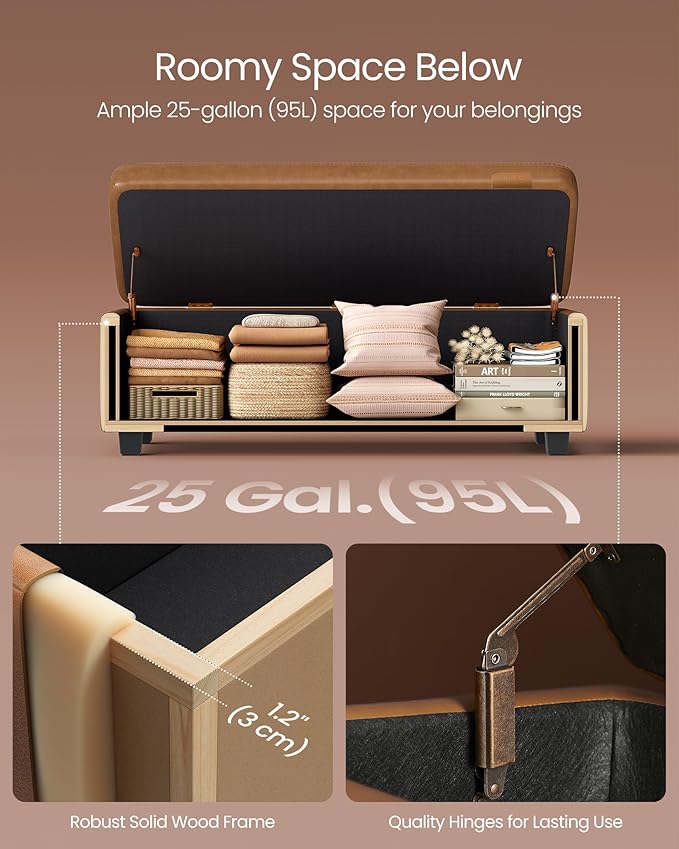 VASAGLE EKHO Collection - Storage Ottoman Bench, Entryway Bedroom Bench, 25 Gallons, Synthetic Leather with Stitching, Mid-Century Modern, Safety Hinges, Loads 660 lb, Caramel Brown ULOM075K01