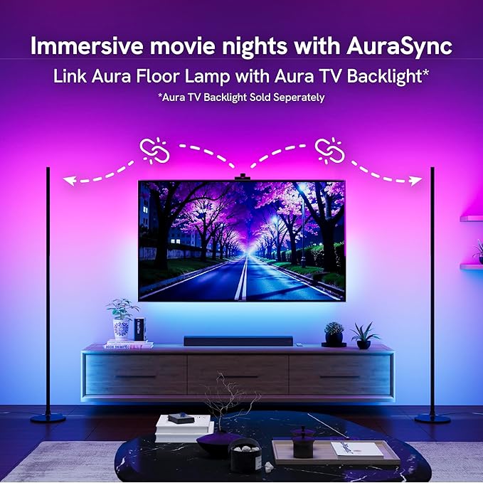 Aura TV LED Backlight + Aura LED Floor Lamp for 55 to 65 inch TV Immersion KIT - TV Backlight Sync to Screen Kit for Surround Lighting