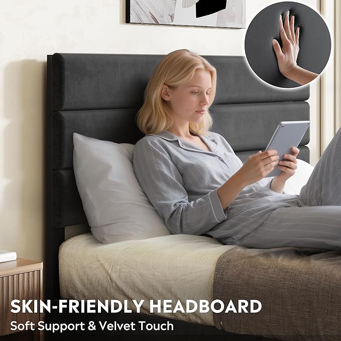 WLIVE Full Size Upholstered Bed Frame with 4 Drawers and Velvet Square Tufted Headboard, Sturdy Metal & Wooden Slats Support, No Box Spring Needed, Easy Assembly, Black