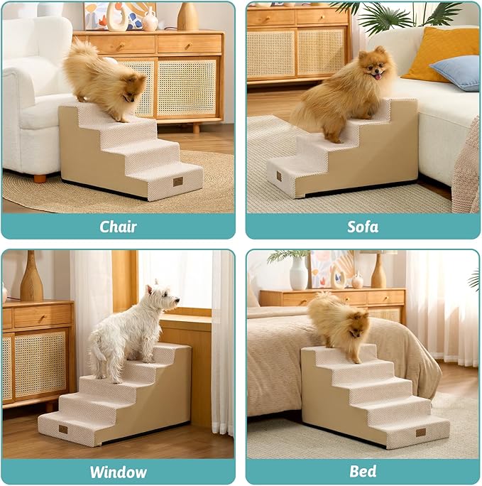 Slope Dog Stairs 17.7" H, Pet Steps for Couch Bed with Washable Cover, Non-Slip Foam Dog Ramp for Small Old Puppy Cats, 5 Step, Beige