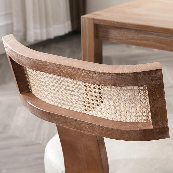 Modern Dining Chairs, Set of 4 - Rattan Back, Pu Leather Upholstered, Kitchen Chairs with Solid Wood Frame, Grey