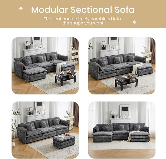 112" U Shaped Modular Sectional Sofa, 3 Seater Comfy Cloud Couch with Movable Ottoman, Deep Seat Couches for Living Room, Bedroom, Apartment (Grey)