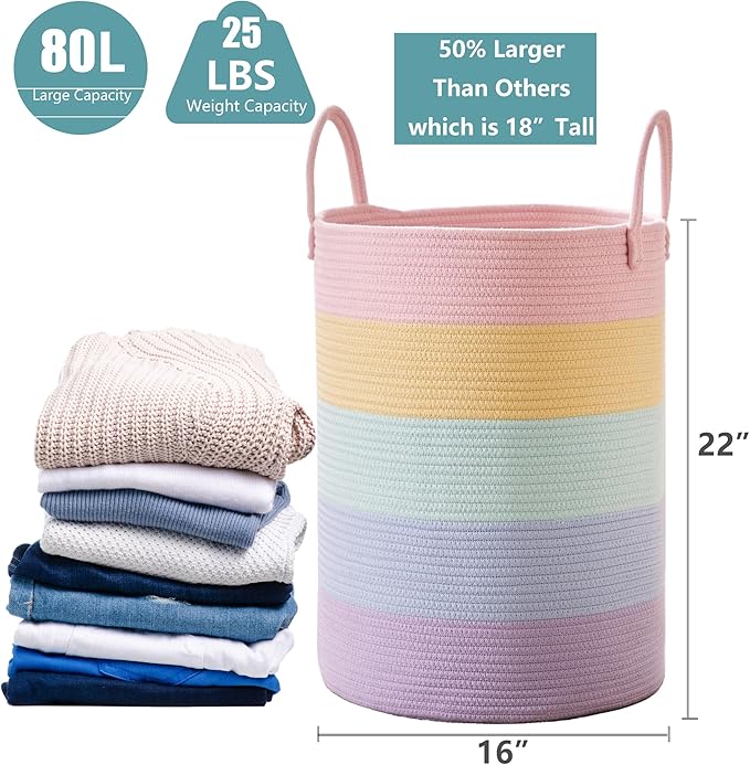 80L Extra Large Rainbow Baby Girls Hamper Laundry Basket for Kids Nursery Pastel Tall Blanket Basket for Toy Woven Rope Unicorn Clothes Hamper in Living Room Playroom Bedroom