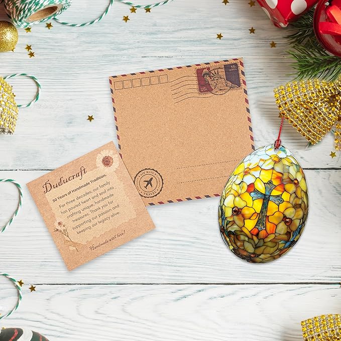 Easter Ornaments for Tree, Easter Basket Stuffers, Egg Ornaments, Suncatcher for Decorations, Windows, Classroom Gifts, He is Risen, Christian Ornament (1, Egg Cross)