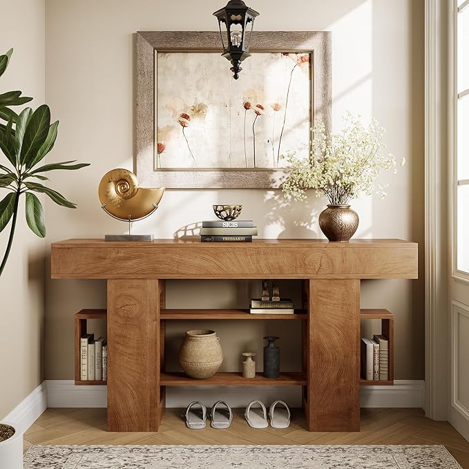 63 Inch Long Console Table for Entryway, Farmhouse Wooden Sofa Table Behind Couch with 3-Tier Storage Shelf, Narrow Entry Accent Table for Living Room, Hallway, Foyer, Natural