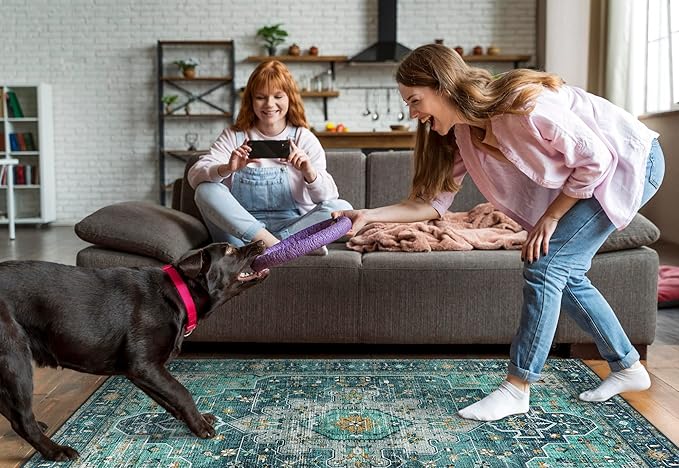 Moynesa Ultra-Thin Washable Area Rug - 4x6 Teal Living Room Rug Oriental Rugs for Bedroom, Non Slip Non Shedding Low Pile Entryway Carpet for Bedroom Dressing Room Office