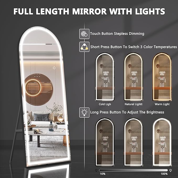 Hasipu 69" X 24" Full Length Mirror with Lights, Black Frame Arch Led Mirror Full Length and 3 Colors Temperatures & Brightness Adjustable,Light Up Mirror Full Body for Bedroom Cloakroom Living Room