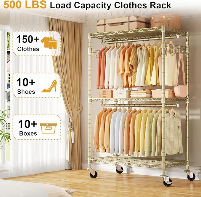 P1 Rolling Clothes Rack, Portable Wardrobe Closet with Wheels, Heavy-Duty Closet Clothing Rack for Hanging Clothes, 35.5" W x 15.7" D x 80.5" H, Hold 500lbs, Gold