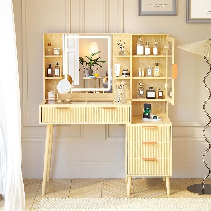 Fluted Vanity Desk with Mirror and Lights, 3 Color Clear Glass Door Dressing Table with Charging Station, 5 Drawers Glass Top Makeup Vanity with 9-Grid Organizer and 10 Storage, Light Oak