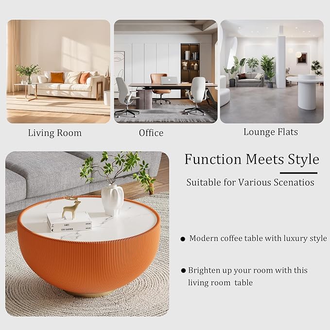 Orange Round Coffee Table with Sintered Stone Tabletop, 29.53" Drum Coffee Table with Fluted PU Leather Covered and Metal Base, Circle Cocktail Tea Table for Living Room