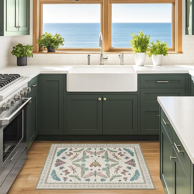 Washable Boho Bathroom Rug 2x3, Small Throw Rugs for Kitchen, Powder Room, Front Door Indoor Entrance, Non Slip Low Pile Stain Resistant, Dusty Green Colorful Cool Insect Aethestic