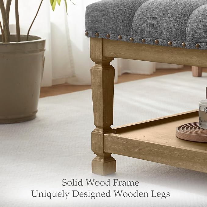 48" Ottoman Coffee Table with Storage, Rectangle Coffee Tables for Living Room, Fabric Tufted Ottomans, Upholstered Storage Ottoman Bench for Bedroom, Entryway (Grey)