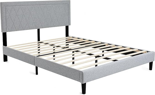 Hokway Bed Frame Upholstered Platform Bed with Headboard Wooden Slat Support No Box Spring Needed(Queen, Light Gray)
