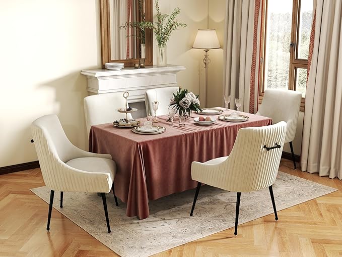 Velvet Dining Chairs Set of 6,Beige Upholstered Living Room Chairs with Black Metal Legs, Modern Tufted Accent Chairs for Living Room, Study Room, Kitchen