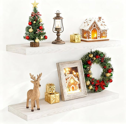 Fun Memories Floating Shelves for Wall, 36 x 9.3 Large Floating Shelf Wall Mounted Set of 2, Rustic Wood Shelves for Bathroom, Kitchen, Living, Heavy-Duty Storage Deep Shelf for Books, Decor, Brich