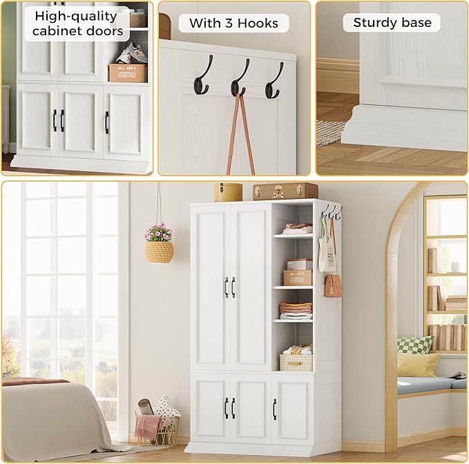 LIKIMIO Armoire Wardrobe Closet 70" H, 5 Doors Bedroom Wooden Wardrobe with 4 Storage Shelves and Hanging Rod, Clothing Storage Cabinet Organizer Combination, White