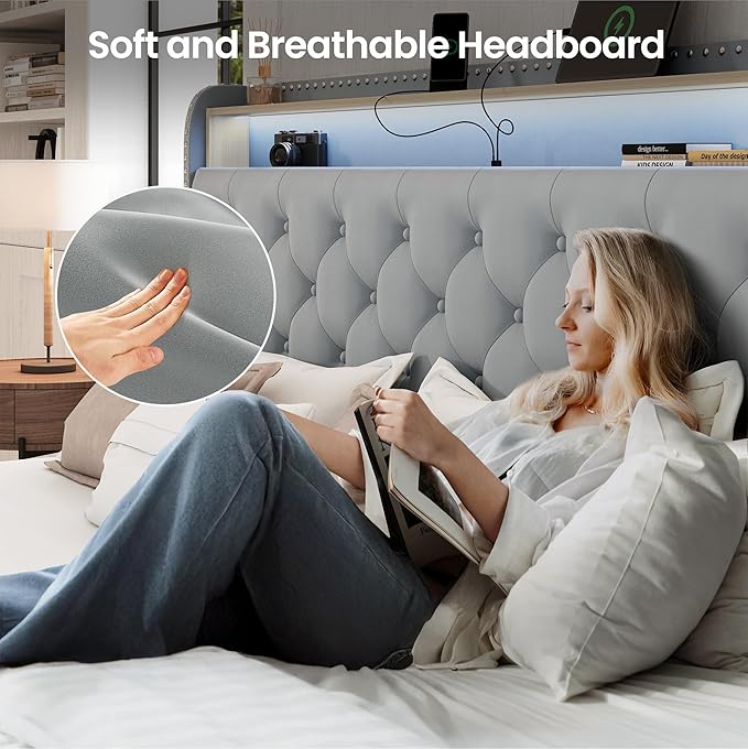 LARMACE King Size Bed Frame Velvet Upholstered LED Tufted King Platform Bed and Headboard with 4 Storage Drawers&USB Type-C Charging Station,No Box Spring Need/Noise Free,Easy Assembly,Bluish Grey