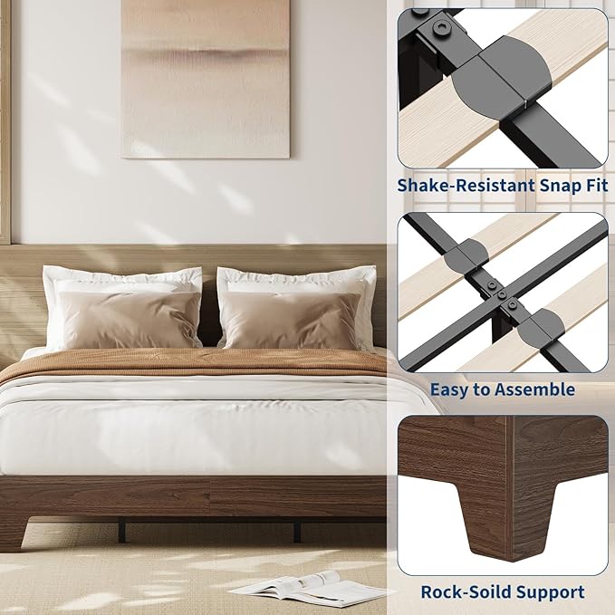 Garvee Wood Platform Bed Frame, Queen Size Bed Frame, Wood Slat Support, No Box Spring Needed, Easy Assembly, Noise-Free Design, Underbed Space for Storage