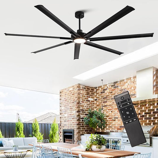 Industrial Ceiling Fans with Lights and Remote, 84 Inch Black Large Ceiling Fan with Dimmable Light, Outdoor Ceiling Fans for Patio, Living Room, Garage, 6-Speed Reversible DC Motor, 7 Aluminum Blades