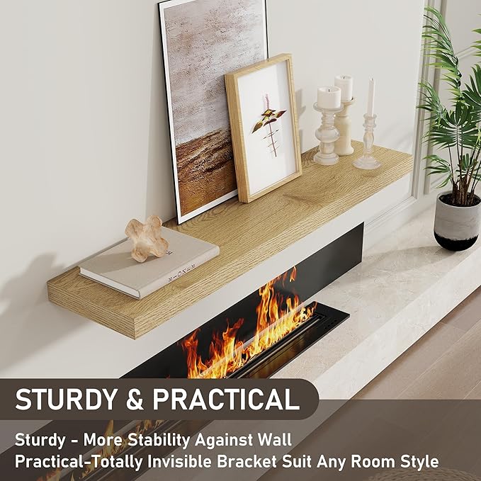 Fun Memories 40" Floating Shelves for Wall, 8 Inch Deep Floating Shelf for Books, Deep Bathroom Shelves Wall Mounted, Rustic Display Shelf for Kitchen, Bedroom, Living Room, Oak Color, 2 Pack