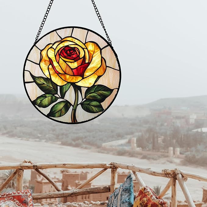 Stained Glass Window Hanging - Elegant Yellow Rose Flower Sun Catcher for Door Garden Home Decor Suncatcher Christmas Mother's Day Birthday Gifts for Women Mom Girl Nana Friend 7.8 in