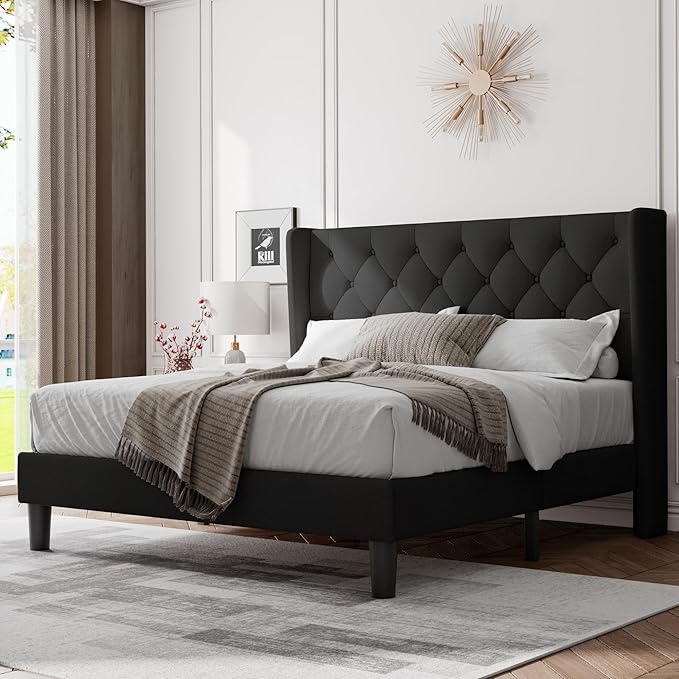 Feonase Full Size Bed Frame with Upholstered Wingback Headboard,Button Tufted Platform Bed and Heavy Duty Wooden Slats Support,Easy Assembly, Noise-Free,No Box Spring Needed, Black