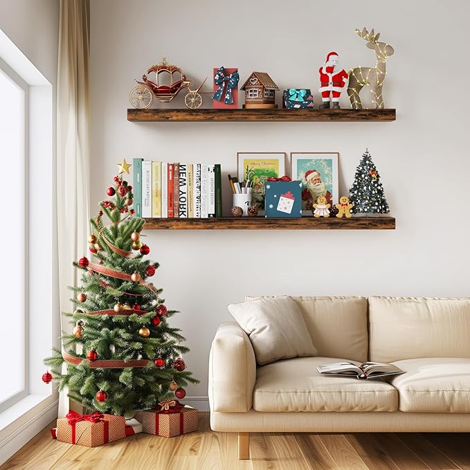 BAYKA Floating Shelves, 48 inches Long Wall Mounted Rustic Wood Shelves for Bathroom, Bedroom, Living Room, Kitchen, Office, Hanging Shelf for Books/Storage/Decor(Rustic Brown,Set of 2)