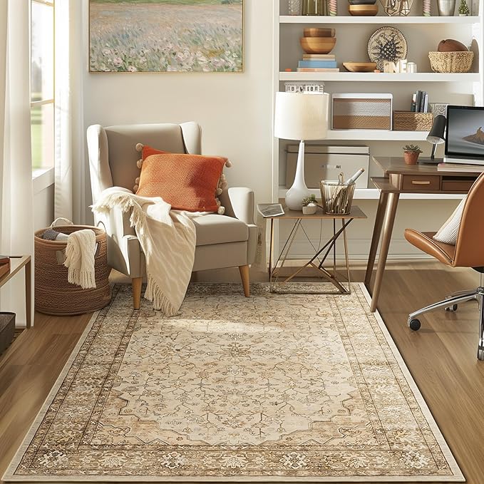 Natural Beige Area Rugs 5x7 Indoor Vintage Trellis Living Room Rug Washable Low Pile Soft Faux Fur Non Slip Sound Absorbing Tan Boho Floral Carpet Rugs for Bedroom Office Patio Dining Room Bathroom