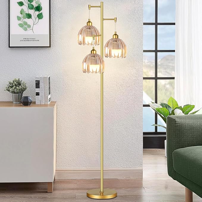Modern Floor Lamp for Living Room Bedroom-3 Light Gold Floor Lamp with Glass Lampshape, Flower Tall Lamp Glass Standing Lamp Tree Floor Lamps for Living Room Bedroom,Corner