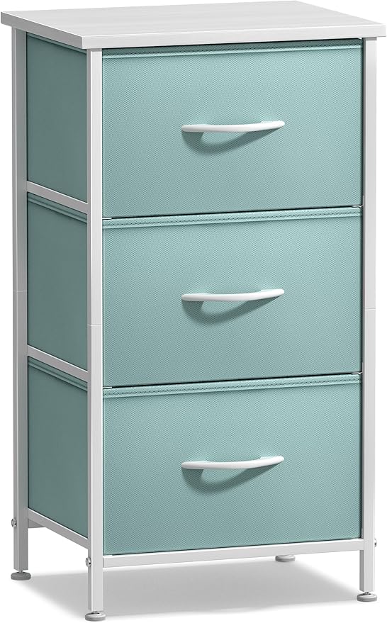 Sorbus Nightstand with 3 Drawers - Bedside Furniture & Accent End Table Chest for Home, Bedroom Accessories, Office, College Dorm, Steel Frame, Wood Top, Pastel Fabric Bins (Aqua)