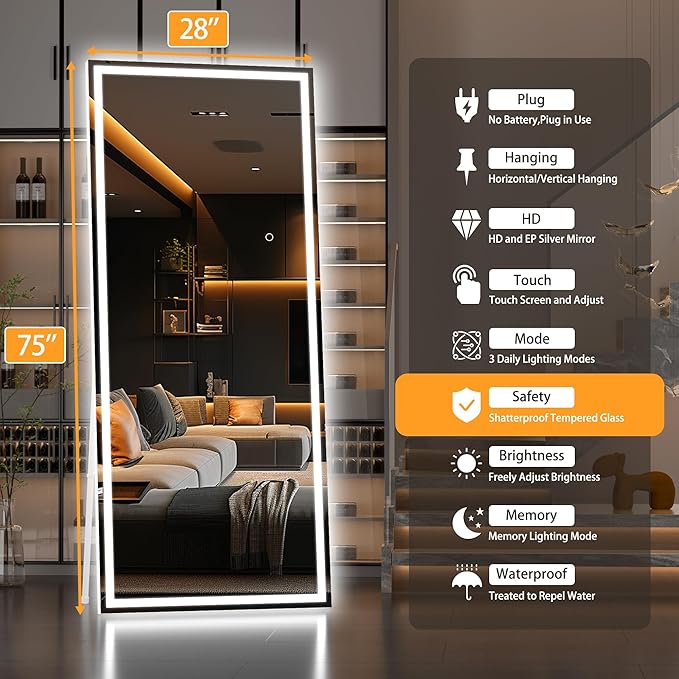 Hasipu Full Length Mirror with Lights, 75" x 28" LED Lighted Floor Standing, Full Body Dressing Hanging Mounted Mirror, Dimmable, Tempered Glass, Safe to Use, Square White
