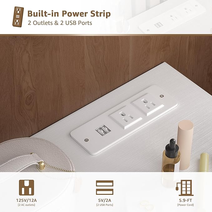 Girls Vanity Desk with Mirror and Lights Small Makeup Vanitys Set with Chair Fabric Drawers Power Outlet, Dressing Table Vanities for Kids Bedroom 40“ White