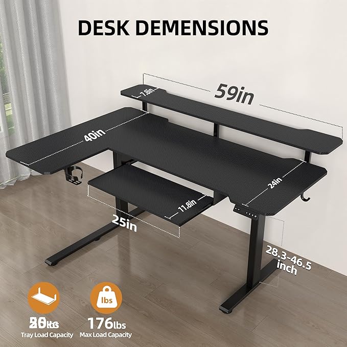 59 Inch L Shaped Standing Desk with Shelves and Keyboard, Electric Corner Standing Desk Adjustable Height, Sit Stand Computer Table with Reversiable Splice Board,Black Carbon Top