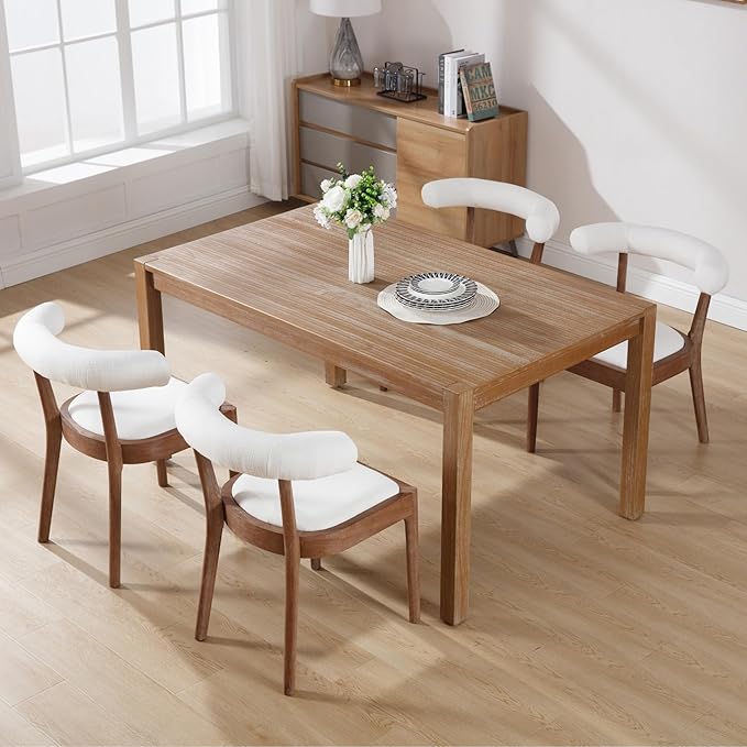 Kmax Dining Room Chairs Mid-Century Modern Fabric Kitchen Chairs with Natural Walnut Finished Frame, Linen Curved Back, Set of 4, White