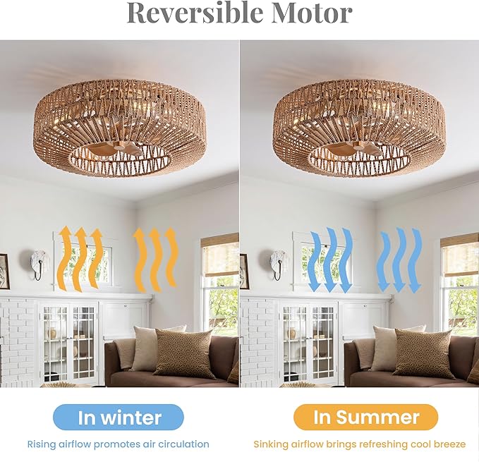 20" Boho Caged Fandelier with Lights Flush Mount Rattan Ceiling Fan with Lights and Remote Control, Enclosed 6 Speeds Low Profile Fan Light for Bedroom, Living Room, Kitchen