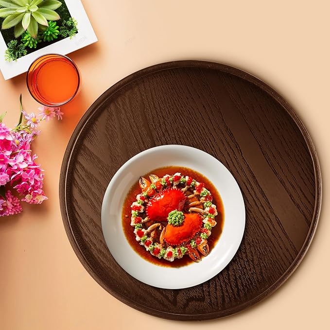 Round Solid Wood Serving Tray 30CM Brown,Decorative Wooden Serving Plate for Tea Coffee Snack Food Meals,Ottoman Breakfast Tray with Raised Edge,for Home,Kitchen,Bathroom,Party,Restaurant Decor(11.8")