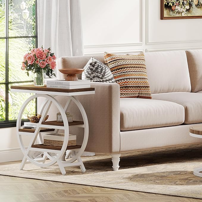 Tribesigns End Table for Living Room, 3-Tier Narrow Side Table with Storage, Wood Sofa Side Table with Geometric Metal Frame, Industrial Nightstand and Bedside Table for Bedroom (Light Brown+White)