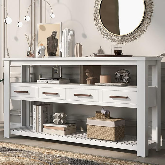 Modern Console Table 62-Inch Long Narrow Entry Sofa Table with Storage Shelves & Drawers for Living Room Entryway (White)