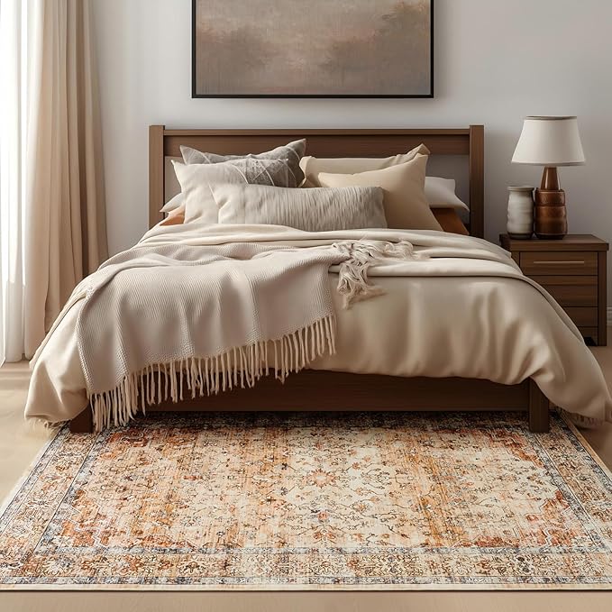 Boho Area Rugs 6x9 Machine Washable Living Room Rug Non Slip with Rubber Backing Soft Faux Fur Low Pile Stain Resistant Vintage Floral Carpet Rugs for Bedroom Dining Room Kids Room Office,Orange