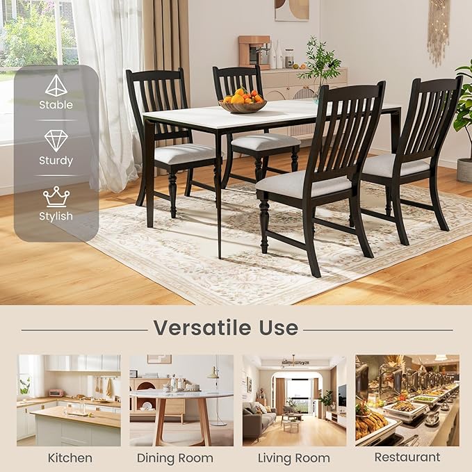 Giantex Wood Dining Chairs Set of 4, Farmhouse Black Kitchen Chairs with Solid Wood Frame, Max Load 355 Lbs, Armless Upholstered Dining Side Chairs with Cushion Seat, Slat Back Dining Room Chair