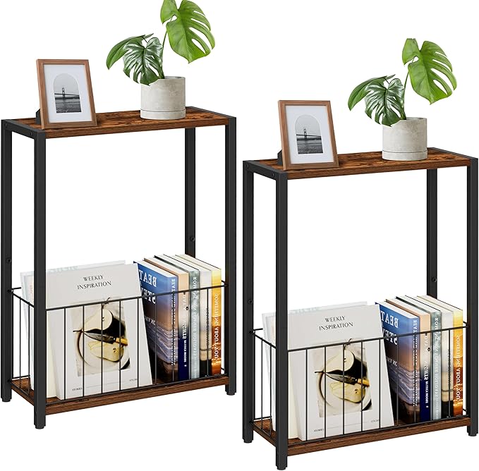 Narrow Side Tables Set of 2 with Magazine Holder, Skinny End Tables Perfect for Small Spaces, Space-Saving Design for Living Room, Bedroom, or Office, 7.1" D x 16.9" W x 23.6" H, Rustic Brown