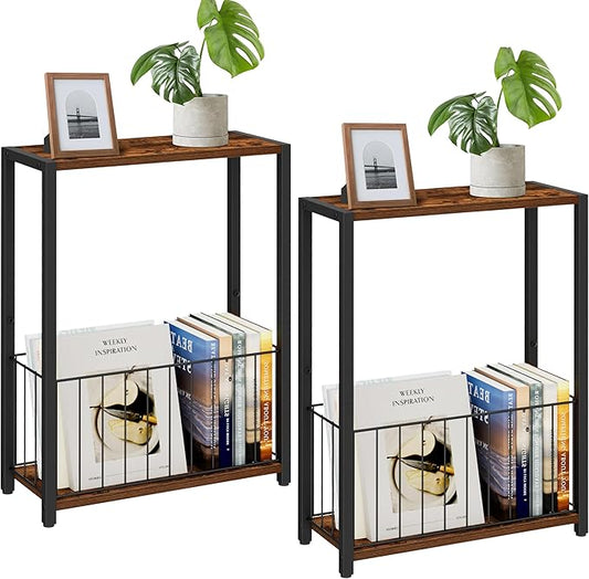Narrow Side Tables Set of 2 with Magazine Holder, Skinny End Tables Perfect for Small Spaces, Space-Saving Design for Living Room, Bedroom, or Office, 7.1" D x 16.9" W x 23.6" H, Rustic Brown