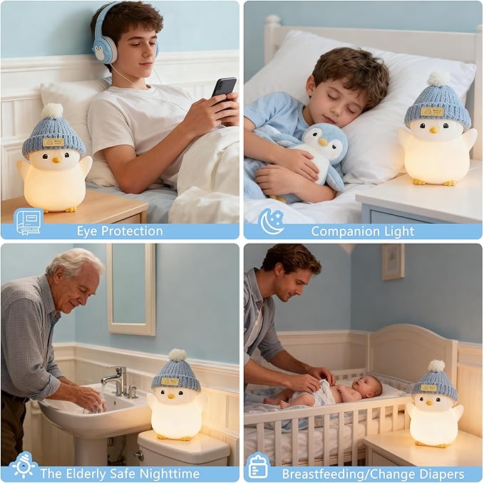 Penguin Night Light for Kids, Adorable Penguin Lamp with Hat, Food Grade Silicone Nursery Nightlight, Rechargeable/Dimmable/Timer,LED Squishy Novelty Animal Bedside Lamp,Funny Gifts for Boys