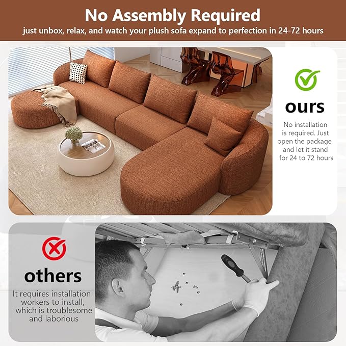 138.6" Modular Sectional Couches Luxury Modern Curved Back U-Shape Sofa Set with Ottoman,Minimalist Comfy Boneless Cloud Couch for Living Room Apartment,(Right Facing Chaise,Orange)