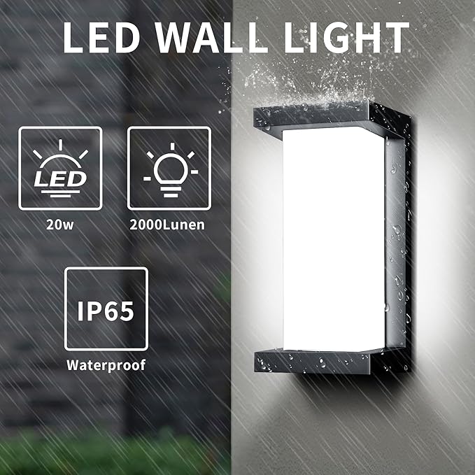 Wrasse Porch Lights Outdoor Waterproof 2000LM 20W Modern Exterior Neutral White Lighting Fixtures 6500K Black Outdoor Light Wall Mount Sconce Wired for House/Garage Front Door Outside