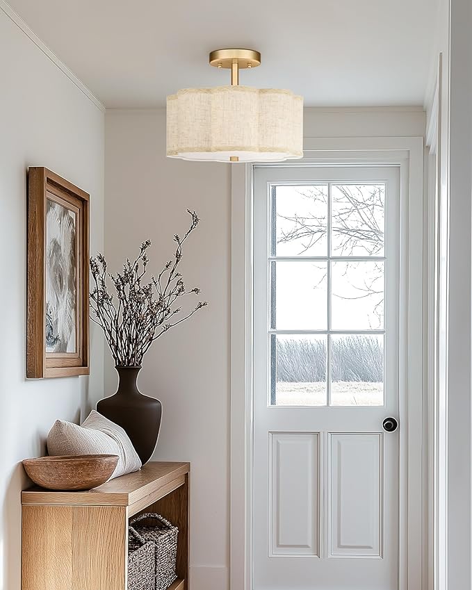 Gold Semi Flush Mount Ceiling Lights, 3-Light 12.5" Light Fixtures Ceiling Mount with Linen Fabric Drum Shade in Flower Shape for Nursery Hallway Bedroom Kitchen, AD-22007-3SF-GD-B