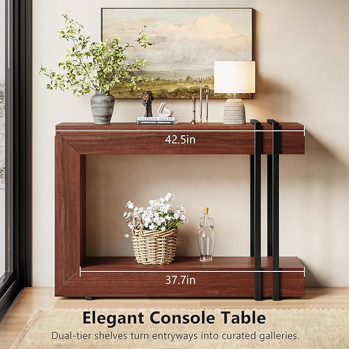 42.5" Console Table Behind Couch, 2-Tier Narrow Entryway Table with Storage, Wood Sofa Tables for Hallway/Entrance/Living Room/Foyer, Walnut Brown