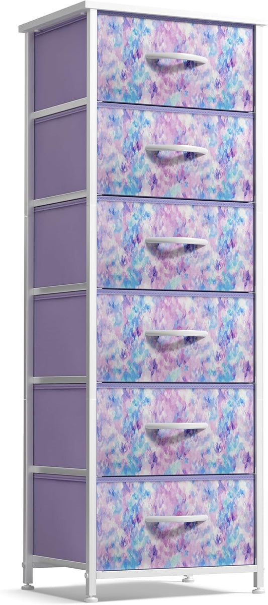 Sorbus Fabric Dresser for Kids Bedroom - Chest of 6 Drawers, Tall Storage Tower, Clothing Organizer, for Closet, for Playroom, for Nursery, Steel Frame, Fabric Bins - Wood Handle (Tie Dye Purple)
