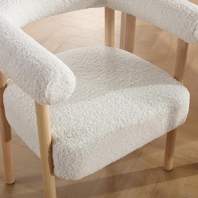 White Boucle Dining Chairs Set of 2, Modern Upholstered Dining Chairs, Curved Backrest Kitchen Dining Room Chairs Accent Chairs Arm Chairs with Natural Wood Legs