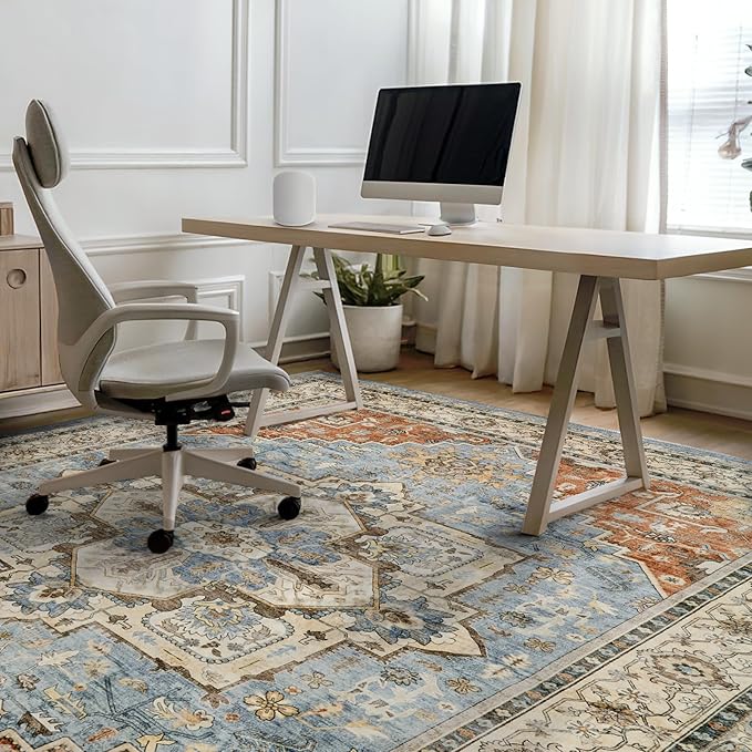 Area Rugs for Living Room 6x9 - Machine Washable Vintage Oriental Soft Rug, Low Pile Thin Floor Carpet with Non Slip Backing for Bedroom, Dorm, Under Dining Room Table, Indoor House, Office Decor